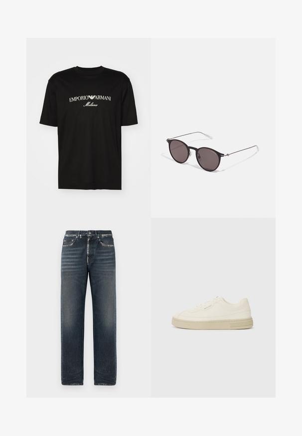 Melnā kokvilnas T-kreklu ar apaļu kakla izgriezumu, īsām piedurknēm un balto "EMPORIO ARMANI" logotipu virs vārda "Milano" izliektā dizainā.; Tumši zili džinsi ar brīvu piegriezumu, ar vieglu izbalēšanu, taisnu kāju un klasisku piecu kabatu dizainu.; Baltas kanvas sporta apavi ar strukturētu gumijas zoli, ar šūtu purngalu un logotipu uz papēža. Vienkāršs auklu aizdare dizains.; Melni apaļi saulesbrilles ar tumšiem lēca un plānām metāla stangām. Iekļautas caurspīdīgas tempļu galviņas un sudraba akcenti pie eņģes. Minimalistisks dizains.
