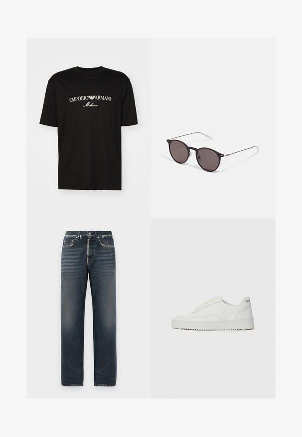 Juodas medvilninis marškinėliai su apvaliu iškirpu, trumpomis rankovėmis ir baltu "EMPORIO ARMANI" logotipu virš "Milano" kreivame dizaino.; Tamsiai mėlyni džinsai su laisvu kirpimu, subtiliais nusidėvėjimais, tiesiomis klešnių ir klasikinio penkių kišenių dizainu.; Balti odiniai sportiniai bateliai su lygia apdaila, apvaliu pirštu, plokščiais raišteliais ir tekstūruotu padu. Pasižymi subtiliu logotipu ant kulno.; Juodos apvalios saulės akinių su tamsiais lęšiais ir plonomis metalinėmis šakomis. Įtraukti skaidrūs šventyklų galai ir sidabriniai akcentai vyrio srityje. Minimalistinis dizainas.