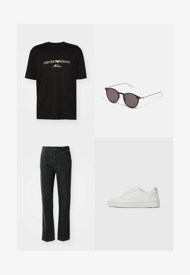 Black cotton T-shirt featuring a round neckline, short sleeves, and "EMPORIO ARMANI" logo in white above "Milano" in a curved design.; Black corduroy trousers with a straight-leg design, featuring a button closure, two front pockets, and vertical ribbed texture.; White leather sneaker with a smooth finish, round toe, flat laces, and a textured sole. Features a subtle logo on the heel.; Black round sunglasses with dark lenses and slim metal arms. Includes clear temple tips and silver accents at the hinge. Minimalist design.