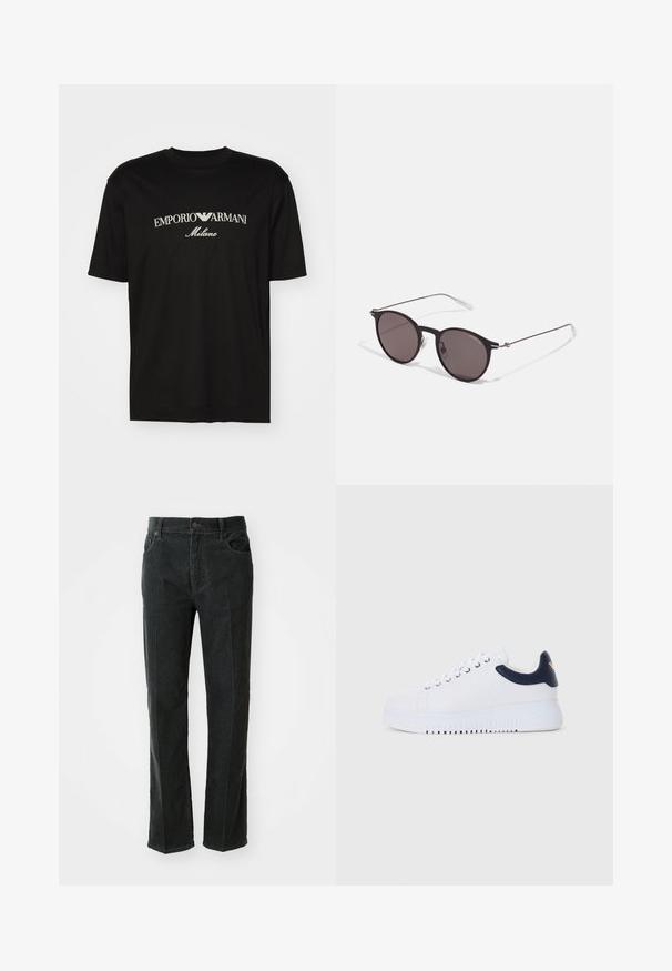 T-shirt de algodão preta com gola redonda, mangas curtas e o logo "EMPORIO ARMANI" em branco acima de "Milano" num design curvo.; Calças de corduroy pretas com um design de perna reta, apresentando um fecho de botão, dois bolsos frontais e uma textura ribada vertical.; Ténis brancos com pormenores em azul-marinho, apresentando uma textura suave, biqueira redonda e sola elevada, detalhados com um logo de lado.; Óculos de sol redondos pretos com lentes escuras e hastes metálicas finas. Inclui pontas de templo transparentes e detalhes em prata na dobradiça. Design minimalista.