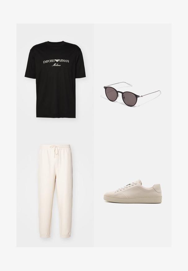 Svart bomulls T-skjorte med rund hals, korte ermer og "EMPORIO ARMANI" logo i hvitt over "Milano" i en buet design.; Kremfargede joggebukser med teksturert mønster, elastisk midjebånd med snøring, og ribbede mansjetter ved anklene.; Beige lærersneakers med en glat overflade, rund tå, flad sål og klassisk snørebåndsdesign. Diskret syning og tekstureret sål.; Sorte, runde solbriller med mørke linser og slanke metalarmer. Inkluderer klare temple tips og sølvfargede detaljer ved hengslet. Minimalistisk design.