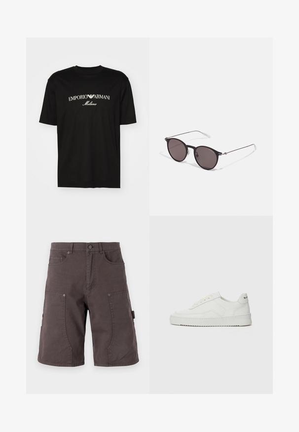T-shirt en coton noir avec un col rond, des manches courtes et le logo "EMPORIO ARMANI" en blanc au-dessus de "Milano" dans un design incurvé.; Shorts cargo gris foncé en coton avec poches avant, poches cargo latérales, fermeture à bouton et détails de couture sur les jambes.; Baskets en cuir blanc avec une finition lisse, bout arrondi, lacets plats et semelle texturée. Présente un logo discret sur le talon.; Lunettes de soleil noires rondes avec verres sombres et branches en métal fines. Comprend des embouts transparents et des accents argentés au niveau de la charnière. Design minimaliste.