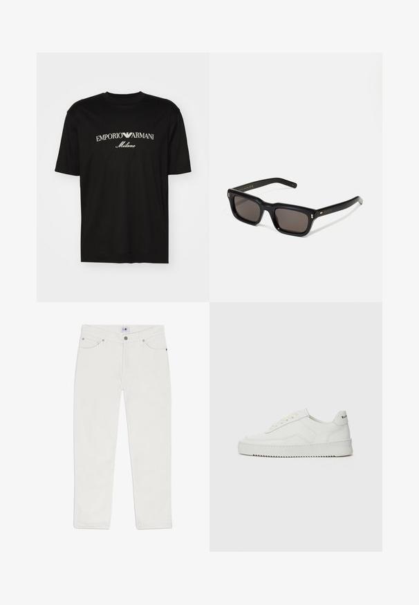 Schwarzes Baumwoll-T-Shirt mit Rundhalsausschnitt, kurzen Ärmeln und dem "EMPORIO ARMANI"-Logo in Weiß über dem geschwungenen Schriftzug "Milano".; Weiße Denim-Jeans mit geradem Schnitt, Five-Pocket-Design und silbernen Hardware-Akzenten. Das Material hat eine glatte Textur und einen schlichten Stil.; Weiße Ledersneaker mit glatter Oberfläche, runder Zehenpartie, flachen Schnürsenkeln und strukturiertem Sohlenprofil. Mit einem dezenten Logo an der Ferse.; Schwarze rechteckige Sonnenbrille mit dunklen Gläsern, dickem Kunststoffrahmen, goldenen Akzenten an den Bügeln und eingraviertem Markenlogo am Arm.