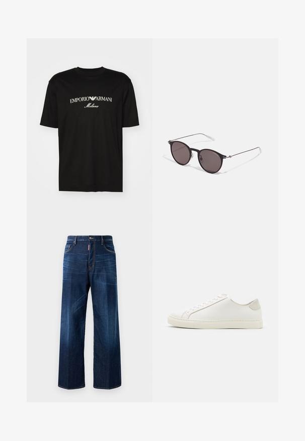 T-shirt en coton noir avec un col rond, des manches courtes et le logo "EMPORIO ARMANI" en blanc au-dessus de "Milano" dans un design incurvé.; Jeans en denim bleu foncé avec une coupe décontractée, des jambes larges et un léger délavage. Présentent des détails cousus et une étiquette de marque sur la taille.; Baskets en cuir blanc avec une surface lisse, bout rond et design minimaliste. Présentent des accents beiges sur le talon et une semelle en caoutchouc.; Lunettes de soleil noires rondes avec verres sombres et branches en métal fines. Comprend des embouts transparents et des accents argentés au niveau de la charnière. Design minimaliste.