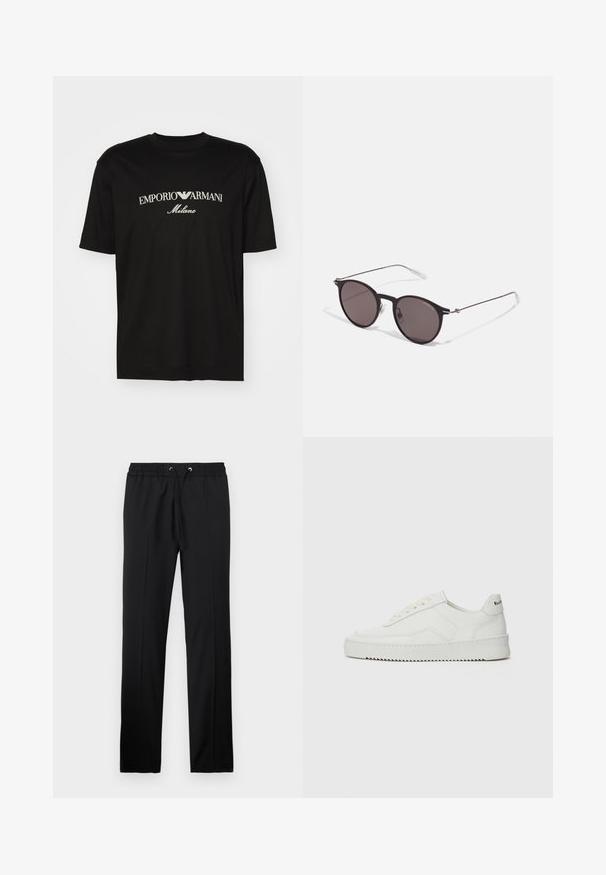 T-shirt de algodão preta com gola redonda, mangas curtas e o logo "EMPORIO ARMANI" em branco acima de "Milano" num design curvo.; Iceberg PANTALONI - Calças - nero; Sapatilha de couro branco com acabamento suave, bico redondo, atacadores planos e uma sola texturizada. Apresenta um logotipo discreto no calcanhar.; Óculos de sol redondos pretos com lentes escuras e hastes metálicas finas. Inclui pontas de templo transparentes e detalhes em prata na dobradiça. Design minimalista.