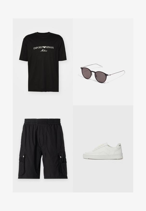 Schwarzes Baumwoll-T-Shirt mit Rundhalsausschnitt, kurzen Ärmeln und dem "EMPORIO ARMANI"-Logo in Weiß über dem geschwungenen Schriftzug "Milano".; Schwarze Cargo-Shorts aus leichtem Stoff, mit einem elastischen Bund, Seitentaschen und silbernen Druckknopf-Akzenten.; Weiße Ledersneaker mit glatter Oberfläche, runder Zehenpartie, flachen Schnürsenkeln und strukturiertem Sohlenprofil. Mit einem dezenten Logo an der Ferse.; Schwarze runde Sonnenbrille mit dunklen Gläsern und schlanken Metallbügeln. Enthält klare Tempelspitzen und silberne Akzente am Scharnier. Minimalistisches Design.