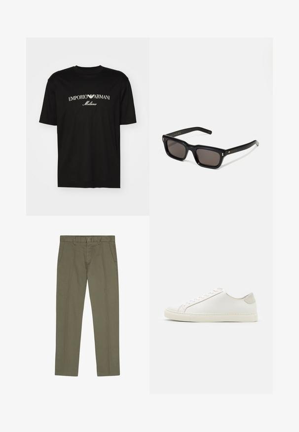 Sort bomulds T-shirt med rund halsudskæring, korte ærmer og "EMPORIO ARMANI" logo i hvid over "Milano" i et buet design.; NN.07 THEO - Chino - capers; Hvide lædersneakers med en glat overflade, rund tå og minimalistisk design. Funktioner i beige nuancer på hælen og en gummisål.; Sorte rektangulære solbriller med mørke glas, tyk plastisk ramme, guldtryk på stængerne og brandlogo indgraveret på armen.