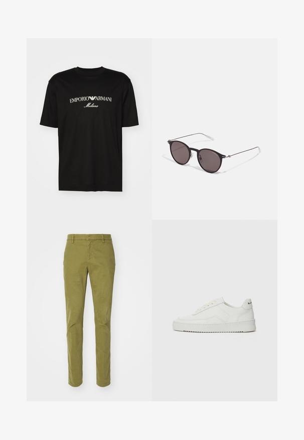 Schwarzes Baumwoll-T-Shirt mit Rundhalsausschnitt, kurzen Ärmeln und dem "EMPORIO ARMANI"-Logo in Weiß über dem geschwungenen Schriftzug "Milano".; Dondup GAUBERT - Chino - olive; Weiße Ledersneaker mit glatter Oberfläche, runder Zehenpartie, flachen Schnürsenkeln und strukturiertem Sohlenprofil. Mit einem dezenten Logo an der Ferse.; Schwarze runde Sonnenbrille mit dunklen Gläsern und schlanken Metallbügeln. Enthält klare Tempelspitzen und silberne Akzente am Scharnier. Minimalistisches Design.