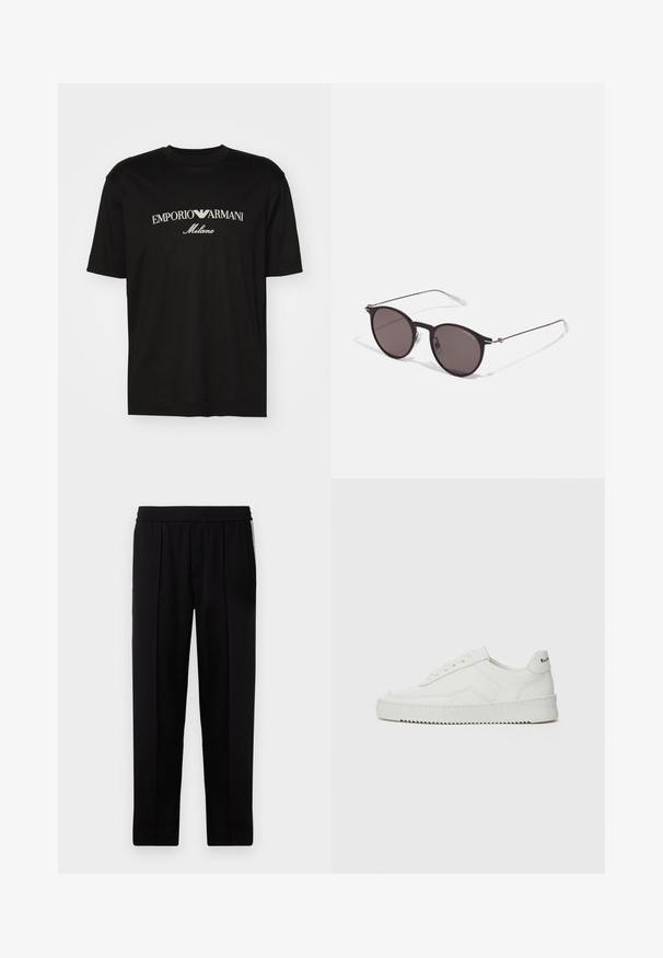 Camiseta de algodón negra con cuello redondo, mangas cortas y el logo de "EMPORIO ARMANI" en blanco sobre "Milano" en un diseño curvado.; Pantalones negros ajustados con una textura suave, cinturilla elástica y dos bolsillos laterales. Presentan un diseño elegante de pierna recta.; Zapatilla de cuero blanca con un acabado suave, puntera redonda, cordones planos y suela texturizada. Cuenta con un sutil logo en el talón.; Gafas de sol redondas negras con lentes oscuros y brazos metálicos delgados. Incluye puntas de varilla transparentes y acentos plateados en la bisagra. Diseño minimalista.