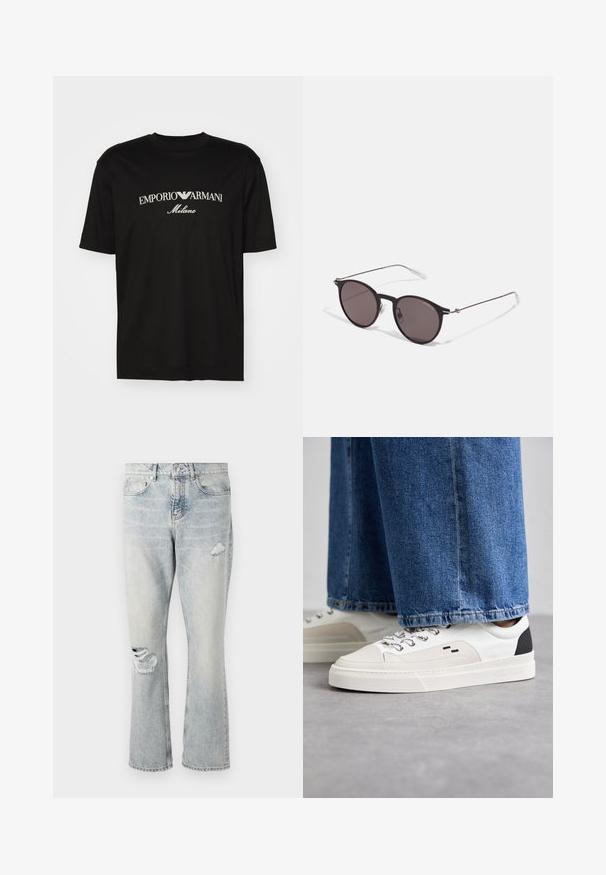 Schwarzes Baumwoll-T-Shirt mit Rundhalsausschnitt, kurzen Ärmeln und dem "EMPORIO ARMANI"-Logo in Weiß über dem geschwungenen Schriftzug "Milano".; Hellblaue Denim-Jeans mit hoher Taille, geraden Beinen und abgewetzten Details am rechten Oberschenkel und linken Knie.; Weiße und schwarze Sneaker mit einem Obermaterial aus glattem Leder, strukturierten Akzenten und einer massiven weißen Sohle. Verfügt über ein klassisches Schnürdesign.; Schwarze runde Sonnenbrille mit dunklen Gläsern und schlanken Metallbügeln. Enthält klare Tempelspitzen und silberne Akzente am Scharnier. Minimalistisches Design.