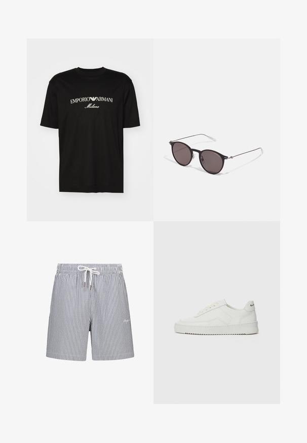 Melnā kokvilnas T-kreklu ar apaļu kakla izgriezumu, īsām piedurknēm un balto "EMPORIO ARMANI" logotipu virs vārda "Milano" izliektā dizainā.; Svītroti peldkostīmi tumši zilā un baltā krāsā. Izgatavoti no viegla auduma, ar elastīgu jostasvietu, saites aizdari un sānu kabatām.; Baltas ādas sneakers ar gludu virsmu, apaļu pirkstu daļu, plakaniem šņorēm un teksturētu zoli. Satur diskrētu logotipu uz papēža.; Melni apaļi saulesbrilles ar tumšiem lēca un plānām metāla stangām. Iekļautas caurspīdīgas tempļu galviņas un sudraba akcenti pie eņģes. Minimalistisks dizains.