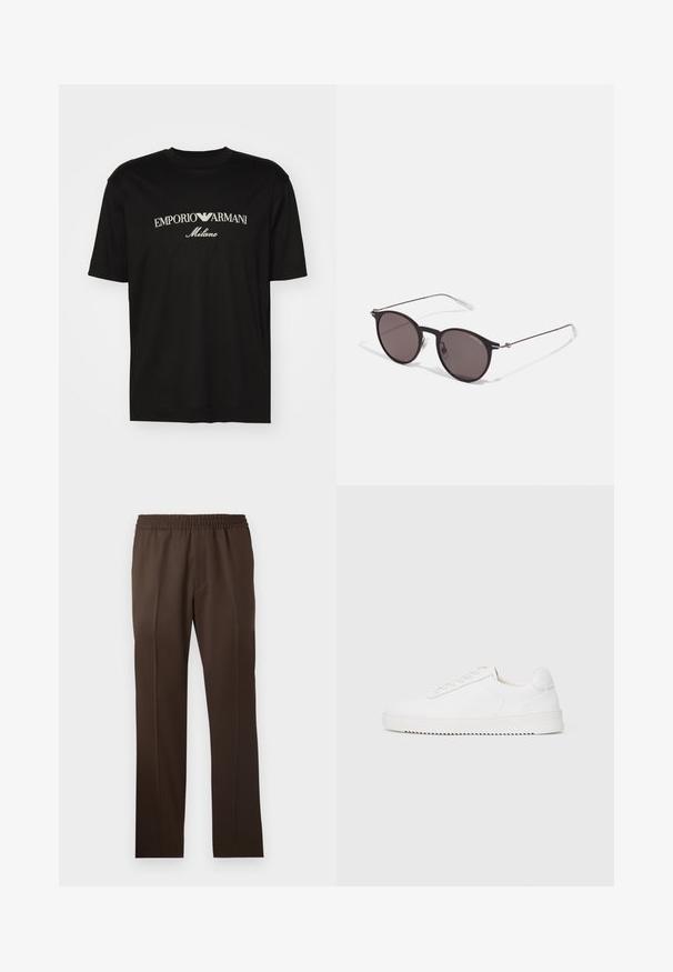 Black cotton T-shirt featuring a round neckline, short sleeves, and "EMPORIO ARMANI" logo in white above "Milano" in a curved design.; Brown, straight-leg trousers with an elastic waistband and a smooth fabric texture; features sharp crease lines along the front.; White sneaker with a smooth leather upper, rounded toe, laces, textured side accents, and a thick rubber sole. Minimalist design.; Black round sunglasses with dark lenses and slim metal arms. Includes clear temple tips and silver accents at the hinge. Minimalist design.