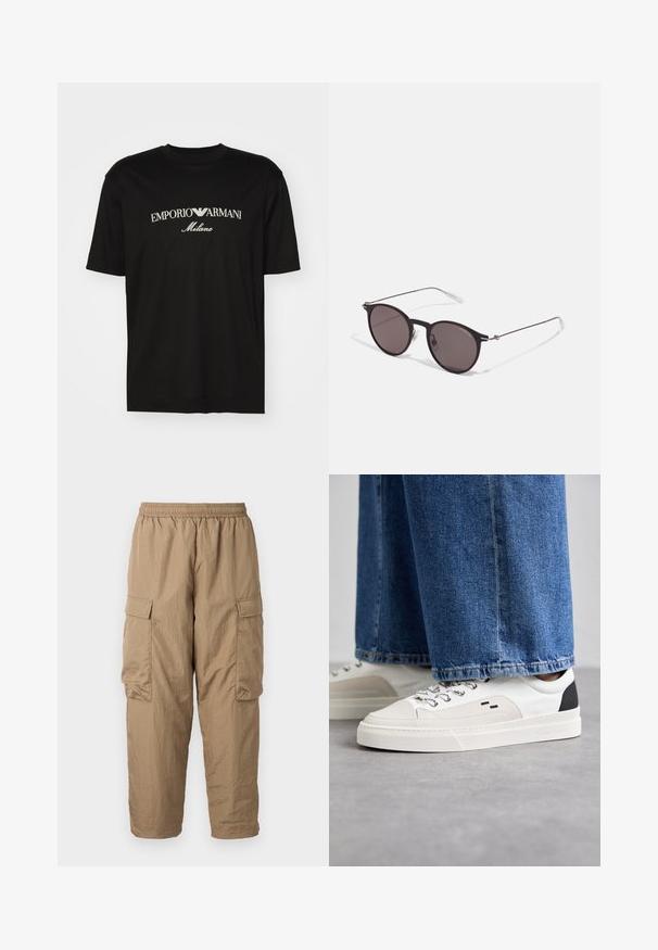 T-shirt de algodão preta com gola redonda, mangas curtas e o logo "EMPORIO ARMANI" em branco acima de "Milano" num design curvo.; Calças cargo caqui com cintura elástica, dois bolsos laterais, tecido leve e texturizado, e um corte relaxado com tornozelos afunilados.; Sapatilhas brancas e pretas com um upper de couro suave, detalhes texturizados e uma sola branca grossa. Apresenta um design clássico de atacadores.; Óculos de sol redondos pretos com lentes escuras e hastes metálicas finas. Inclui pontas de templo transparentes e detalhes em prata na dobradiça. Design minimalista.