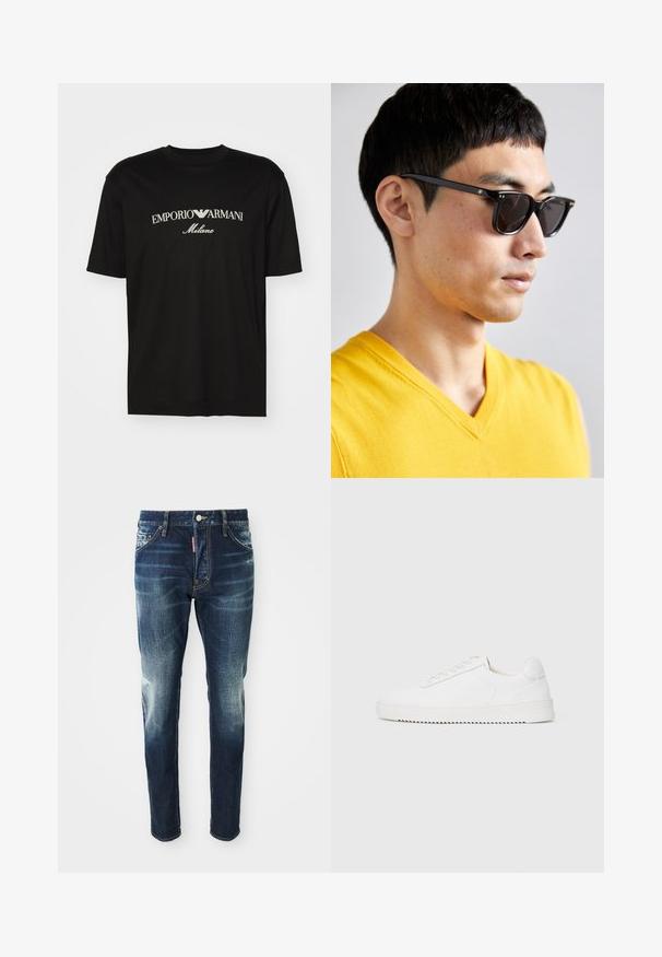 Černé bavlněné tričko s kulatým výstřihem, krátkými rukávy a logem "EMPORIO ARMANI" v bílém nad nápisem "Milano" v zakřiveném provedení.; Tmavě modré džíny s úzkým střihem, se zesvětlenými místy na stehnech a kolenou, pěti kapsami a kovovým zapínáním na knoflík.; Bílé tenisky s hladkým koženým svrškem, zaoblenou špičkou, šněrováním, texturovanými bočními akcenty a silnou gumovou podrážkou. Minimalistický design.; Světlomety s černými rámy a tmavými skly. Mezi výrazné detaily patří malé zlaté akcenty na panty a obdélníkový tvar.
