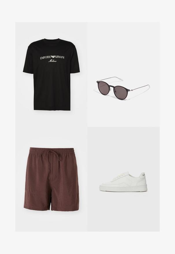 Czarny bawełniany T-shirt z okrągłym dekoltem, krótkimi rękawami oraz białym logo "EMPORIO ARMANI" nad napisem "Milano" w zakrzywionym kształcie.; Brązowe, lekkie szorty z elastycznym pasem i sznurkiem do regulacji. Posiadają kieszenie boczne oraz gładką, lekko błyszczącą fakturę.; Białe skórzane sneakersy o gładkim wykończeniu, okrągłym nosku, płaskich sznurówkach i teksturowanej podeszwie. Charakteryzują się delikatnym logo na pięcie.; Czarne okrągłe okulary przeciwsłoneczne z ciemnymi soczewkami i smukłymi metalowymi ramkami. Zawierają przezroczyste końcówki zauszników oraz srebrne akcenty przy zawiasie. Minimalistyczny design.