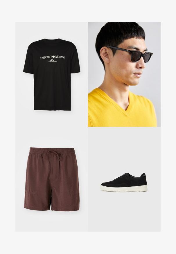 Black cotton T-shirt featuring a round neckline, short sleeves, and "EMPORIO ARMANI" logo in white above "Milano" in a curved design.; Brown, lightweight shorts with an elastic waistband and drawstring. Features side pockets and a smooth, slightly glossy texture.; Black suede sneaker with lace-up design and contrasting white rubber sole. Features textured side panels and subtle branding on the heel.; Sunglasses with black frames and dark lenses. Notable details include small gold accents on the hinges and a rectangular shape.