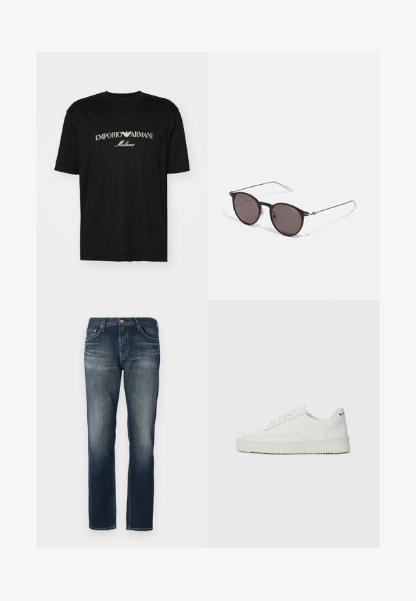 Svart bomull T-shirt med rund halsringning, korta ärmar och "EMPORIO ARMANI" logotyp i vitt ovanför "Milano" i en rundad design.; Mörkblå denimjeans med rak benform, fem fickor, subtila blekningar och kontrasterande sömmar. Metalldragkedja och knappknäppning.; Vita lädersneakers med en jämn yta, rund tå, platta snörningar och en strukturerad sula. Har en diskret logotyp på hälen.; Svarta runda solglasögon med mörka linser och smala metallarmar. Inkluderar klara tempeltips och silverdetaljer vid gångjärnet. Minimalistisk design.