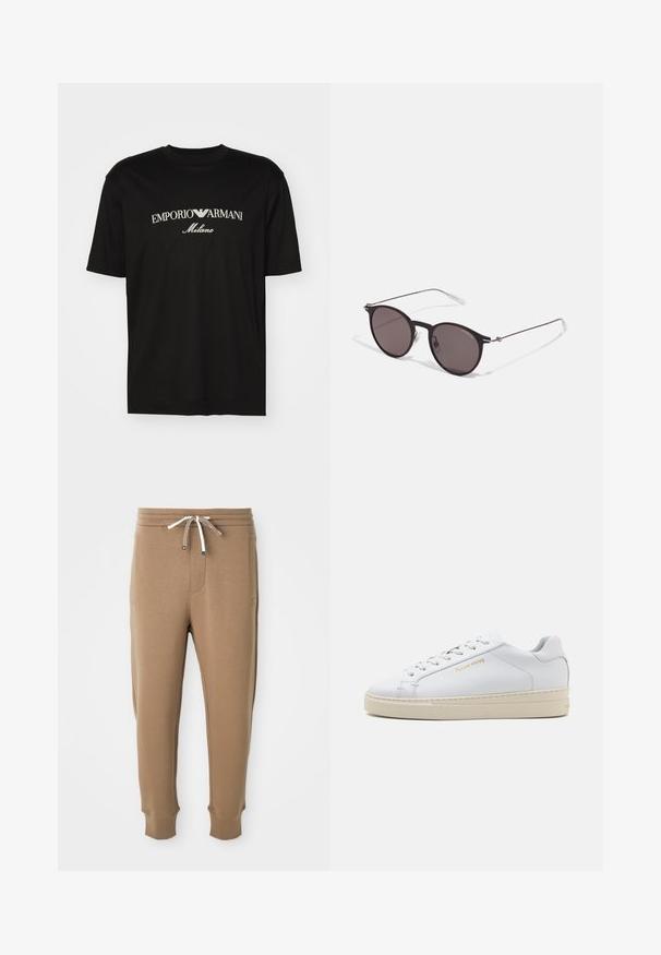 Černé bavlněné tričko s kulatým výstřihem, krátkými rukávy a logem "EMPORIO ARMANI" v bílém nad nápisem "Milano" v zakřiveném provedení.; Světlé hnědé tepláky s elastickým páskem, bílými a hnědými šňůrkami, bočními kapsami a manžetami na kotnicích na bílém pozadí.; Bílé kožené tenisky s kulatou špičkou, plochými tkaničkami a krémovou gumovou podrážkou. Mají decentní zlaté logo a hladký povrch.; Černé kulaté sluneční brýle s tmavými skly a tenkými kovovými nohami. Obsahují průhledné koncovky nožiček a stříbrné akcenty na pantu. Minimalistický design.