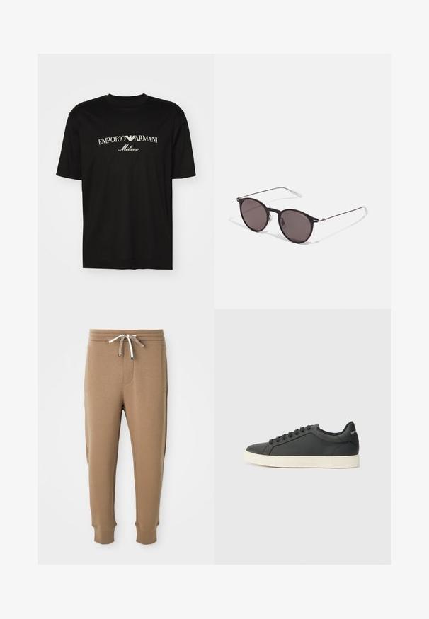Schwarzes Baumwoll-T-Shirt mit Rundhalsausschnitt, kurzen Ärmeln und dem "EMPORIO ARMANI"-Logo in Weiß über dem geschwungenen Schriftzug "Milano".; Hellbraune Jogginghosen mit elastischem Bund, weißen und braunen Zugbändern, seitlichen Taschen und Bündchen an den Knöcheln auf weißem Hintergrund.; Schwarze Ledersneaker mit niedrigem Profil, abgerundeter Zehe und Schnürverschluss; ausgestattet mit einer strukturierten Gummisohle und Logo-Detail an der Ferse.; Schwarze runde Sonnenbrille mit dunklen Gläsern und schlanken Metallbügeln. Enthält klare Tempelspitzen und silberne Akzente am Scharnier. Minimalistisches Design.