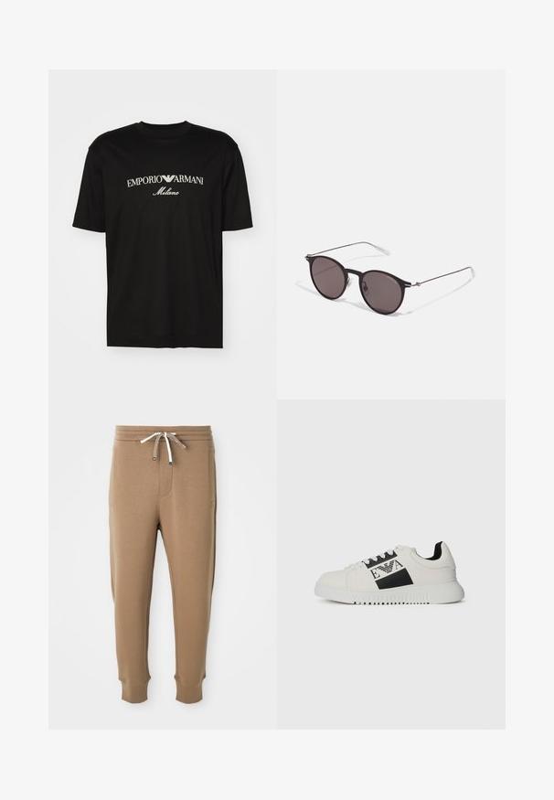 Sort bomulds T-shirt med rund halsudskæring, korte ærmer og "EMPORIO ARMANI" logo i hvid over "Milano" i et buet design.; Lysbrune joggerbukser med elastisk talje, hvide og brune snore, sidelommer og afsluttede ankler på hvid baggrund.; Hvide sneakers med et sort logo og detaljer, glat læderoverdel, rund tå, tekstureret sål og kontrastende sort hældetalje.; Sorte runde solbriller med mørke linser og slanke metalarme. Inkluderer klare tempeltips og sølvdetaljer ved hængslet. Minimalistisk design.