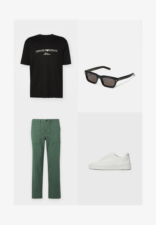 Černé bavlněné tričko s kulatým výstřihem, krátkými rukávy a logem "EMPORIO ARMANI" v bílém nad nápisem "Milano" v zakřiveném provedení.; Zelené bavlněné kalhoty se střihovým designem rovného nohu, které mají dvě přední kapsy a zapínání na knoflík. Hladká textura a neformální styl.; Bílé kožené tenisky s hladkým povrchem, kulatou špičkou, plochými tkaničkami a texturovanou podrážkou. Na patě se nachází nenápadné logo.; Černé obdélníkové sluneční brýle s tmavými skly, silným plastovým rámem, zlatými akcenty na spáncích a vyrytým logem značky na nožičce.