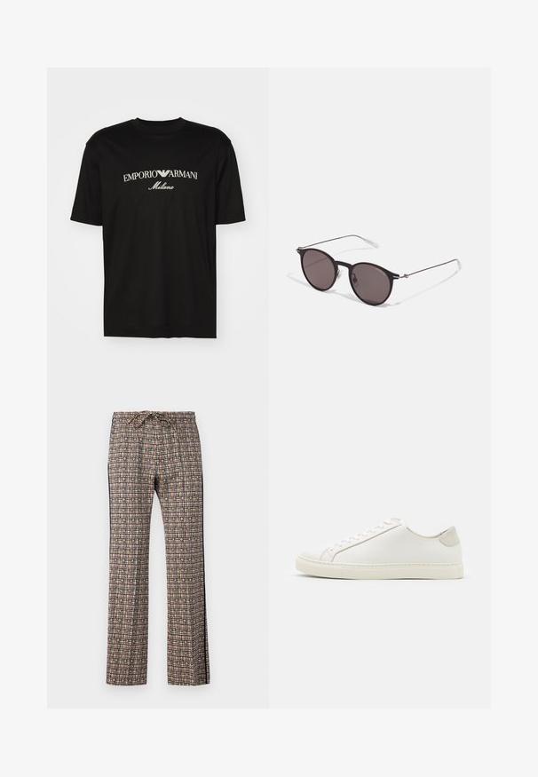 Black cotton T-shirt featuring a round neckline, short sleeves, and "EMPORIO ARMANI" logo in white above "Milano" in a curved design.; Patterned wide-leg trousers with a drawstring waist. Features a grid design in pink, black, white, and green, with floral accents.; White leather sneaker with a smooth surface, round toe, and minimalistic design. Features beige accents on the heel and a rubber sole.; Black round sunglasses with dark lenses and slim metal arms. Includes clear temple tips and silver accents at the hinge. Minimalist design.