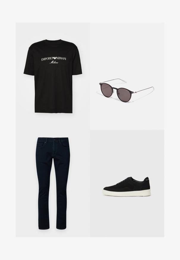 T-shirt de algodão preta com gola redonda, mangas curtas e o logo "EMPORIO ARMANI" em branco acima de "Milano" num design curvo.; Jeans escuros feitos de denim, com um design clássico de cinco bolsos, corte reto e detalhes de costura sutis nos bolsos.; Sapatilhas de camurça pretas com design de atacadores e sola de borracha branca em contraste. Apresenta painéis laterais texturizados e uma marcação discreta no calcanhar.; Óculos de sol redondos pretos com lentes escuras e hastes metálicas finas. Inclui pontas de templo transparentes e detalhes em prata na dobradiça. Design minimalista.
