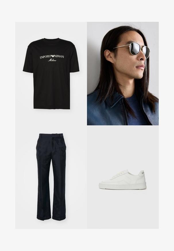 Fekete pamut póló, kerek nyakkal, rövid ujjakkal, rajta fehér "EMPORIO ARMANI" logó, a "Milano" felirattal ívelt formában.; Fekete, bő szabású nadrág, finom virágmintával, sima anyagból és hajtott szegéllyel. Normál derékpánttal és lapos elejével készült.; Fehér bőr sportcipő sima felülettel, kerek orral, lapos fűzőkkel és texturált talppal. Finom logó található a sarokon.; Fém napszemüveg, tükröződő lencsékkel, pilóta forma, ezüst kerettel és részletezéssel a templomon. Kék pulóverrel és kabáttal viselve.