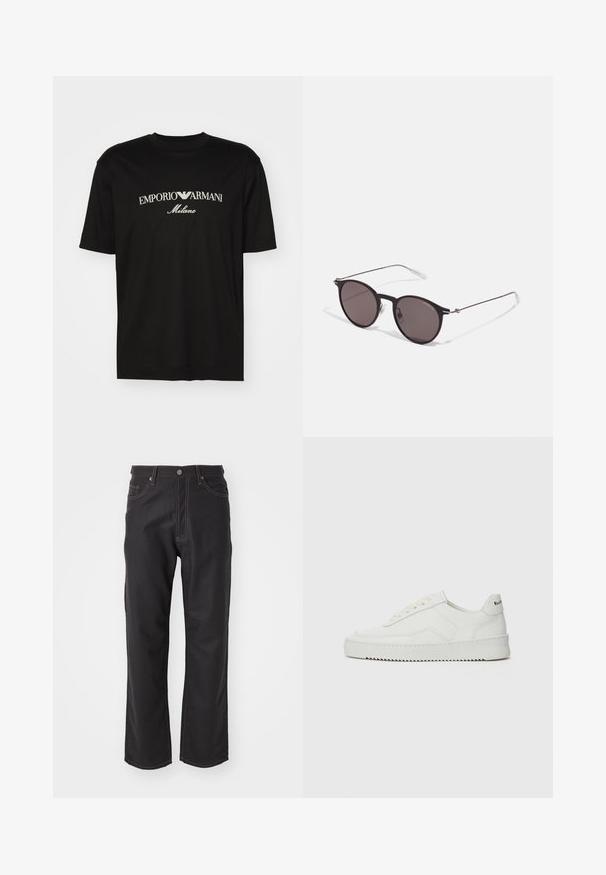 Musta puuvillapaita, jossa on pyöreä kaula-aukko, lyhyet hihat ja valkoinen "EMPORIO ARMANI" -logo, jonka yläpuolella on kaarevassa muodossa "Milano".; Musta farkkukankaat suoralla lahkeella, joissa on kontrastina oranssit ompeleet, viisi taskua ja klassinen nappikiinnitys.; Valkoinen nahkakenkä, jossa on sileä pinta, pyöreä kärki, tasaiset nauhat ja teksturoitu pohja. Sisältää huomaamattoman logon kantapäässä.; Musta pyöreä aurinkolasit tummilla linsseillä ja kapeilla metallikehyksillä. Sisältää kirkkaat temppelet ja hopeiset yksityiskohdat saranassa. Minimalistinen muotoilu.