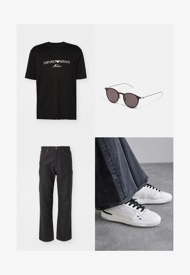 T-shirt in cotone nero con scollatura rotonda, maniche corte e logo "EMPORIO ARMANI" in bianco sopra "Milano" in una disposizione curva.; Jeans in denim nero con vestibilità dritta, caratterizzati da cuciture arancioni a contrasto, design a cinque tasche e chiusura a bottone classica.; Sneakers bianchi con lacci neri e dettagli in rete. Presentano una tomaia in pelle liscia e una suola in gomma testurizzata. Abbinate a jeans grigi a gamba larga.; Occhiali da sole neri rotondi con lenti scure e sottili bracci in metallo. Include punte trasparenti e accenti argentati alla cerniera. Design minimalista.
