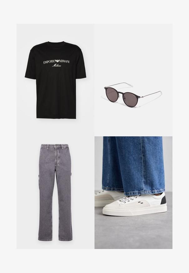 Black cotton T-shirt featuring a round neckline, short sleeves, and "EMPORIO ARMANI" logo in white above "Milano" in a curved design.; Gray denim pants with a straight leg design, featuring a button and zip fly, belt loops, and side pockets. Smooth texture, minimal detailing.; White and black sneakers with a smooth leather upper, textured accents, and a chunky white sole. Features a classic lace-up design.; Black round sunglasses with dark lenses and slim metal arms. Includes clear temple tips and silver accents at the hinge. Minimalist design.