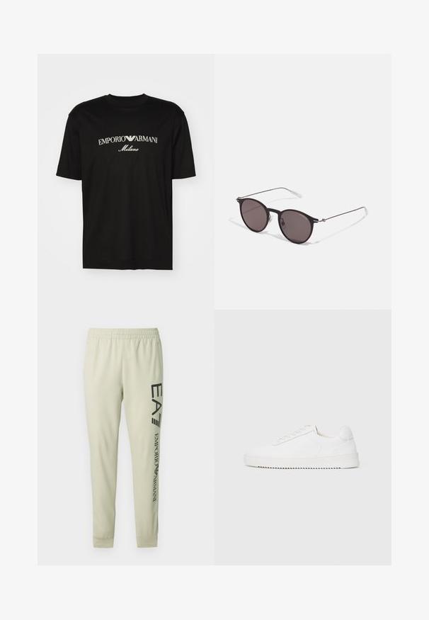 Black cotton T-shirt featuring a round neckline, short sleeves, and "EMPORIO ARMANI" logo in white above "Milano" in a curved design.; Cream-colored sweatpants with an elastic waistband, tapered legs, and black printed text along the left side. Soft, smooth fabric texture.; White sneaker with a smooth leather upper, rounded toe, laces, textured side accents, and a thick rubber sole. Minimalist design.; Black round sunglasses with dark lenses and slim metal arms. Includes clear temple tips and silver accents at the hinge. Minimalist design.