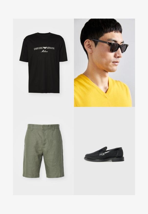 Black cotton T-shirt featuring a round neckline, short sleeves, and "EMPORIO ARMANI" logo in white above "Milano" in a curved design.; NN.07 CROWN - Shorts - khaki; Black woven slip-on shoe with a smooth leather accent on the upper, a round toe design, and a low-profile rubber sole.; Sunglasses with black frames and dark lenses. Notable details include small gold accents on the hinges and a rectangular shape.