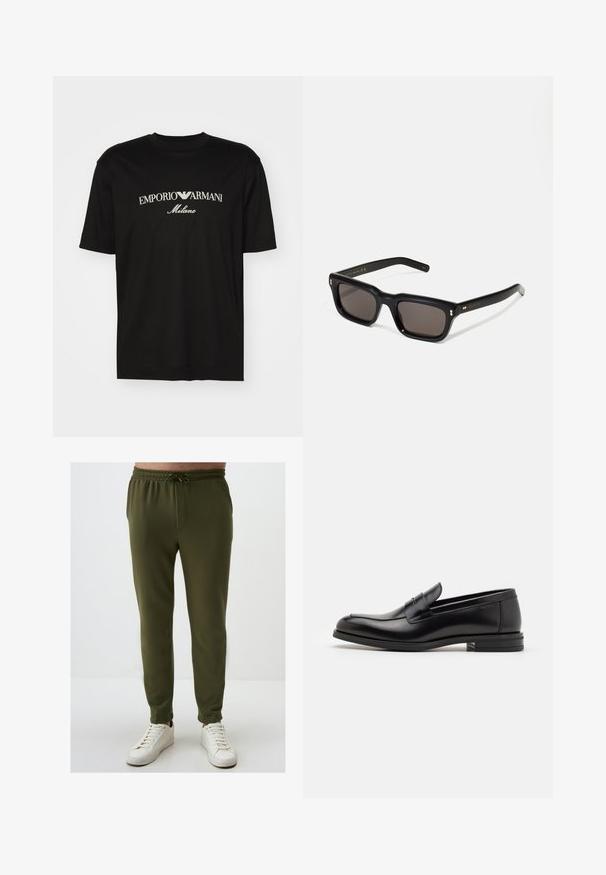 Black cotton T-shirt featuring a round neckline, short sleeves, and "EMPORIO ARMANI" logo in white above "Milano" in a curved design.; Olive green jogger pants with an elastic waistband, drawstring detail, and tapered leg, paired with white sneakers. Smooth texture.; Black leather loafers with a smooth texture, rounded toe, and a decorative strap across the vamp. Low stacked heel, minimalist design.; Black rectangular sunglasses with dark lenses, thick plastic frame, gold accents on temples, and brand logo engraved on the arm.