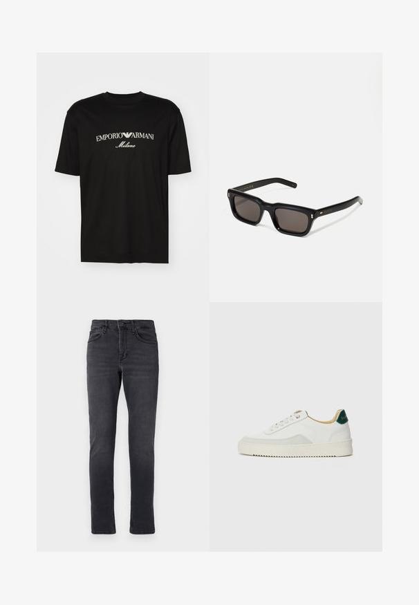 T-shirt en coton noir avec un col rond, des manches courtes et le logo "EMPORIO ARMANI" en blanc au-dessus de "Milano" dans un design incurvé.; Jeans en denim foncé à coupe slim, comprenant cinq poches, une fermeture à bouton et des détails de couture subtils sur la taille et les ourlets.; Baskets blanches avec des accents en daim, bout arrondi, lacets plats et semelle en caoutchouc crème. Présente une marque verte sur le talon.; Lunettes de soleil noires rectangulaires avec des verres foncés, monture en plastique épais, accents dorés sur les branches et logo de la marque gravé sur le bras.