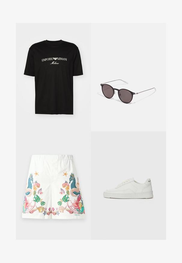 Tricou negru din bumbac cu guler rotund, mâneci scurte și logo-ul "EMPORIO ARMANI" în alb deasupra cuvântului "Milano" într-un design curbat.; Bermude albe din material, cu grafica colorată inspirată din ocean, incluzând caluți de mare, cochilii și stele de mare, dotate cu o talie reglabilă prin șnur.; Sneakers din piele albă cu un finisaj neted, vârf rotund, șireturi plate și o talpă texturată. Prezintă un logo subtil pe călcâi.; Ochelari de soare negri rotunzi cu lentile întunecate și brațe metalice subțiri. Include vârfuri transparente pentru brate și accente argintii la balama. Design minimalist.