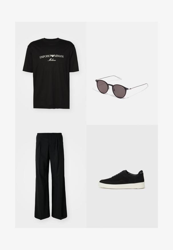 Schwarzes Baumwoll-T-Shirt mit Rundhalsausschnitt, kurzen Ärmeln und dem "EMPORIO ARMANI"-Logo in Weiß über dem geschwungenen Schriftzug "Milano".; 032c OFFICE ATTIRE' WIDE LEG PANTS - Stoffhose - black; Schwarze Wildleder-Sneaker mit Schnürdesign und kontrastierender weißer Gummisohle. Verfügt über strukturierte Seitenpaneele und dezentes Branding an der Ferse.; Schwarze runde Sonnenbrille mit dunklen Gläsern und schlanken Metallbügeln. Enthält klare Tempelspitzen und silberne Akzente am Scharnier. Minimalistisches Design.