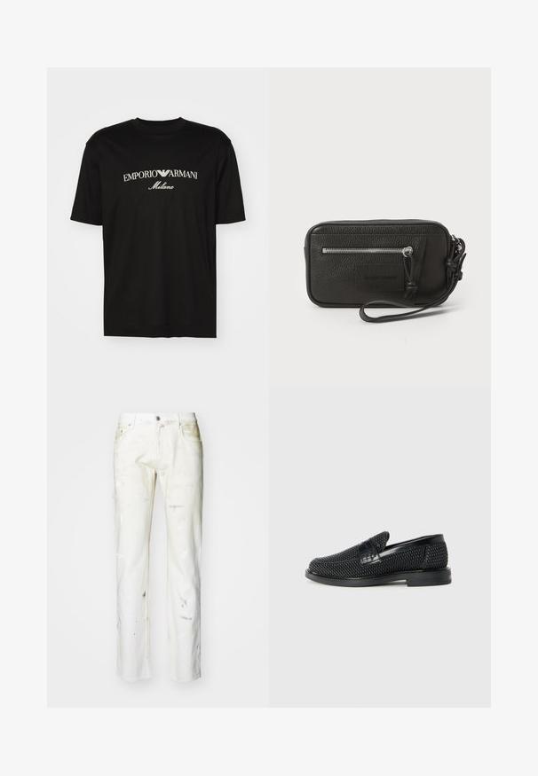 Black cotton T-shirt featuring a round neckline, short sleeves, and "EMPORIO ARMANI" logo in white above "Milano" in a curved design.; White denim jeans with a straight cut. Features visible paint stains, a zipper fly, and five pockets. Soft texture with a slightly worn appearance.; Black woven slip-on shoe with a smooth leather accent on the upper, a round toe design, and a low-profile rubber sole.; Black leather clutch with textured surface, front zip pocket, and detachable wrist strap. Features a logo patch on the front. Rectangular shape.