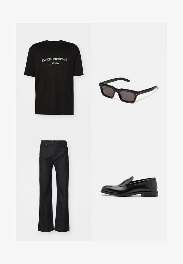 T-shirt en coton noir avec un col rond, des manches courtes et le logo "EMPORIO ARMANI" en blanc au-dessus de "Milano" dans un design incurvé.; Jeans évasés noirs en denim, dotés d'un design classique à cinq poches et d'une fermeture éclair avec bouton. Texture lisse et coutures robustes.; Mocassins en cuir noir avec une texture lisse, bout rond et une sangle décorative sur le dessus. Talon bas empilé, design minimaliste.; Lunettes de soleil noires rectangulaires avec des verres foncés, monture en plastique épais, accents dorés sur les branches et logo de la marque gravé sur le bras.