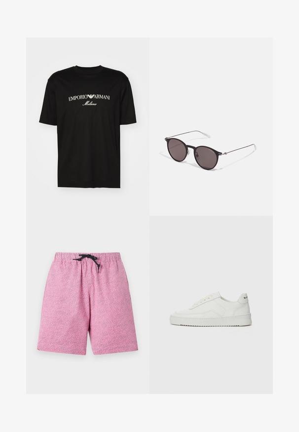 Melnā kokvilnas T-kreklu ar apaļu kakla izgriezumu, īsām piedurknēm un balto "EMPORIO ARMANI" logotipu virs vārda "Milano" izliektā dizainā.; Rozā rakstainas peldbikses ar elastīgu jostu un melnu auklu. Materiāls izskatās viegls un tam ir teksturēta virsma.; Baltas ādas sneakers ar gludu virsmu, apaļu pirkstu daļu, plakaniem šņorēm un teksturētu zoli. Satur diskrētu logotipu uz papēža.; Melni apaļi saulesbrilles ar tumšiem lēca un plānām metāla stangām. Iekļautas caurspīdīgas tempļu galviņas un sudraba akcenti pie eņģes. Minimalistisks dizains.