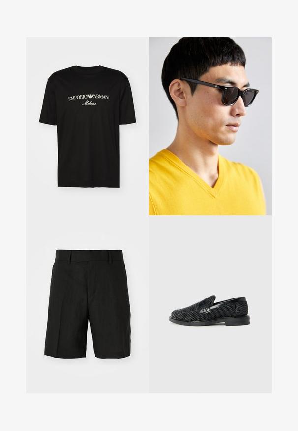 Svart bomulls T-skjorte med rund hals, korte ermer og "EMPORIO ARMANI" logo i hvitt over "Milano" i en buet design.; Sorte linshorts med en avslappet passform, med flat front, lommer på siden og en midt-lengde snitt. Lett tekstur synlig.; Sorte vevde slip-on sko med en glatt lærdetalj på overdelen, design med rund tå og en lavprofil gummisåle.; Solsikker med svarte rammer og mørke linser. Merkbare detaljer inkluderer små gullaksenter på hengslene og en rektangulær form.
