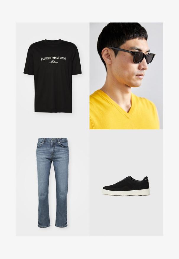 T-shirt de algodão preta com gola redonda, mangas curtas e o logo "EMPORIO ARMANI" em branco acima de "Milano" num design curvo.; Os jeans de denim azul apresentam um design de perna reta, estilo de cinco bolsos e um fecho de botão com costura contrastante nas costuras.; Sapatilhas de camurça pretas com design de atacadores e sola de borracha branca em contraste. Apresenta painéis laterais texturizados e uma marcação discreta no calcanhar.; Óculos de sol com armação preta e lentes escuras. Detalhes notáveis incluem pequenos acabamentos em dourado nas dobradiças e um formato retangular.