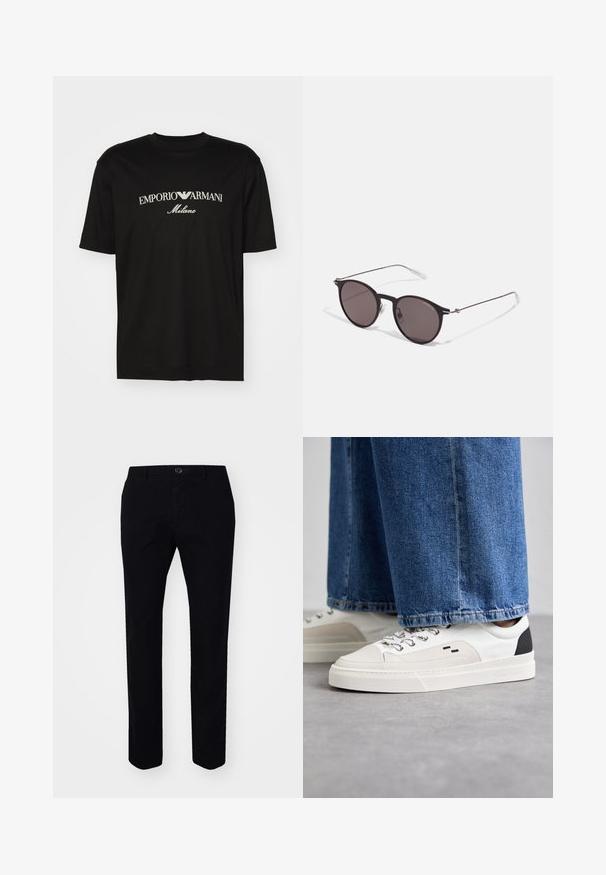 T-shirt de algodão preta com gola redonda, mangas curtas e o logo "EMPORIO ARMANI" em branco acima de "Milano" num design curvo.; PS Paul Smith MENS CLEAN - Chinos - blacks; Sapatilhas brancas e pretas com um upper de couro suave, detalhes texturizados e uma sola branca grossa. Apresenta um design clássico de atacadores.; Óculos de sol redondos pretos com lentes escuras e hastes metálicas finas. Inclui pontas de templo transparentes e detalhes em prata na dobradiça. Design minimalista.