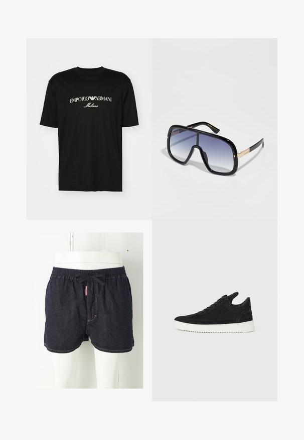 Must must T-särk, millel on ümmargune kaelus, lühikesed варст и väljend "EMPORIO ARMANI" valgete tähtedega, mille all on kõveras kujunduses sõna "Milano".; Tumedat sinise denimist lühikesed püksid, millel on elastne vöökoht, pael ja kontrastne kollane õmblus. Ees on bränditud silt.; Must mustel kingad valge kummist tallaga, millel on toon-toonis õmblused ja paeltega disain. Sile tekstuur ja moodne, voolujooneline kuju.; Üks suur must päikeseprillid, millel on järkjärguline lilla lääts, läikiv viimistlus ja kuldsed aksessuaarid templis. Ristkülikukujuline raam.