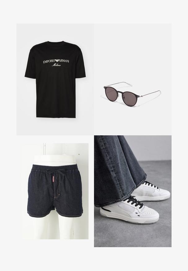 Schwarzes Baumwoll-T-Shirt mit Rundhalsausschnitt, kurzen Ärmeln und dem "EMPORIO ARMANI"-Logo in Weiß über dem geschwungenen Schriftzug "Milano".; Dunkelblaue Denim-Shorts mit elastischem Bund, Kordelzug und kontrastierenden gelben Nähten. Verfügt über ein Logo-Tag auf der Vorderseite.; Weiße Sneakers mit schwarzen Schnürsenkeln und Netzdetails. Die Schuhe verfügen über ein glattes Lederobermaterial und eine strukturierte Gummisohle. Kombiniert mit weiten, grauen Jeans.; Schwarze runde Sonnenbrille mit dunklen Gläsern und schlanken Metallbügeln. Enthält klare Tempelspitzen und silberne Akzente am Scharnier. Minimalistisches Design.