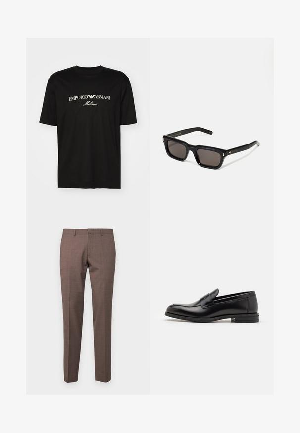 Schwarzes Baumwoll-T-Shirt mit Rundhalsausschnitt, kurzen Ärmeln und dem "EMPORIO ARMANI"-Logo in Weiß über dem geschwungenen Schriftzug "Milano".; Michael Kors LIGHT TRAVEL PANT - Stoffhose - frosted brown; Schwarze Lederloafers mit glatter Textur, rundem Zehenbereich und einem dekorativen Riemen über dem Vorderfuß. Niedriger, gestapelter Absatz, minimalistisches Design.; Schwarze rechteckige Sonnenbrille mit dunklen Gläsern, dickem Kunststoffrahmen, goldenen Akzenten an den Bügeln und eingraviertem Markenlogo am Arm.