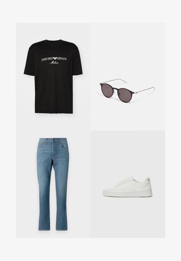 T-shirt en coton noir avec un col rond, des manches courtes et le logo "EMPORIO ARMANI" en blanc au-dessus de "Milano" dans un design incurvé.; Jean en denim bleu clair avec une coupe droite, comprenant des poches avant et arrière, une fermeture éclair, et un léger délavage dans le tissu.; Baskets en cuir blanc avec une finition lisse, bout arrondi, lacets plats et semelle texturée. Présente un logo discret sur le talon.; Lunettes de soleil noires rondes avec verres sombres et branches en métal fines. Comprend des embouts transparents et des accents argentés au niveau de la charnière. Design minimaliste.