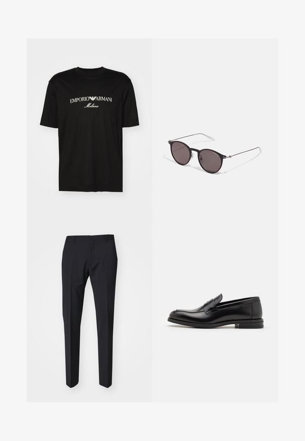 Melnā kokvilnas T-kreklu ar apaļu kakla izgriezumu, īsām piedurknēm un balto "EMPORIO ARMANI" logotipu virs vārda "Milano" izliektā dizainā.; Tumši zili bikses ar šauru piegriezumu. Izgatavotas no gludas, teksturētas auduma, ar taisnu priekšpusi, jostas cilpiņām un sānu kabatām.; Melnas ādas kurpes ar gludu tekstūru, noapaļu purngalu un dekoratīvu siksniņu pāri priekšpusei. Zems sakrauts papēdis, minimālisma dizains.; Melni apaļi saulesbrilles ar tumšiem lēca un plānām metāla stangām. Iekļautas caurspīdīgas tempļu galviņas un sudraba akcenti pie eņģes. Minimalistisks dizains.