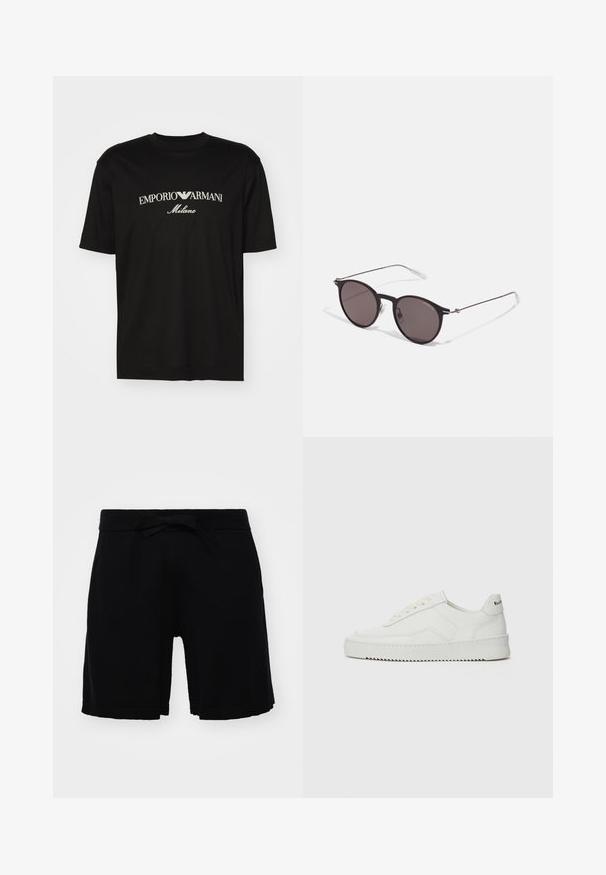 Tricou negru din bumbac cu guler rotund, mâneci scurte și logo-ul "EMPORIO ARMANI" în alb deasupra cuvântului "Milano" într-un design curbat.; Pantaloni scurți negri pentru copii dintr-un material moale, cu un elastic la talie și o panglică subțire. Design simplu, fără modele.; Sneakers din piele albă cu un finisaj neted, vârf rotund, șireturi plate și o talpă texturată. Prezintă un logo subtil pe călcâi.; Ochelari de soare negri rotunzi cu lentile întunecate și brațe metalice subțiri. Include vârfuri transparente pentru brate și accente argintii la balama. Design minimalist.