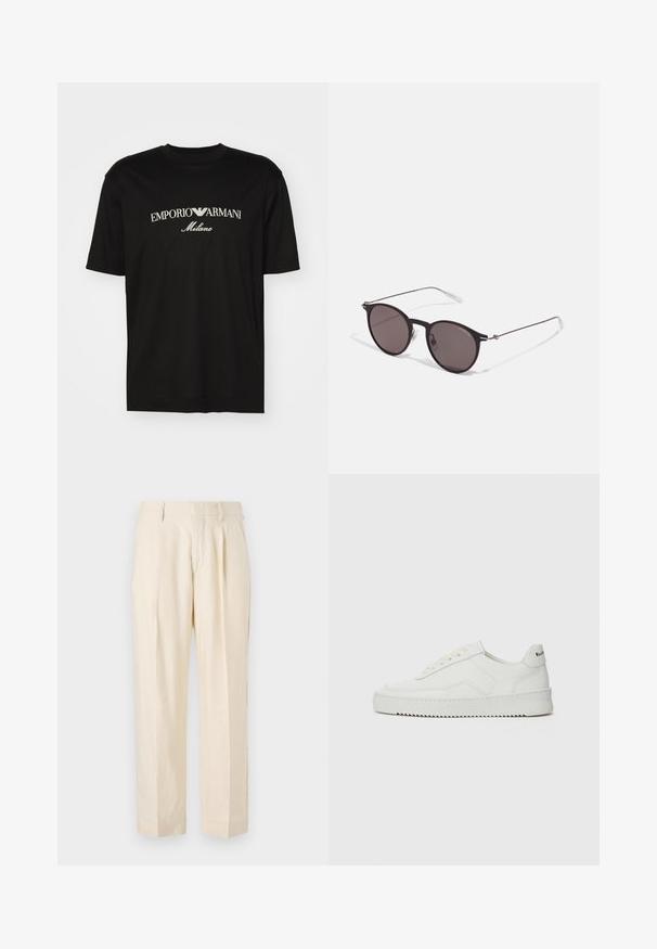 Tricou negru din bumbac cu guler rotund, mâneci scurte și logo-ul "EMPORIO ARMANI" în alb deasupra cuvântului "Milano" într-un design curbat.; NN.07 KAY - Pantaloni - off white; Sneakers din piele albă cu un finisaj neted, vârf rotund, șireturi plate și o talpă texturată. Prezintă un logo subtil pe călcâi.; Ochelari de soare negri rotunzi cu lentile întunecate și brațe metalice subțiri. Include vârfuri transparente pentru brate și accente argintii la balama. Design minimalist.